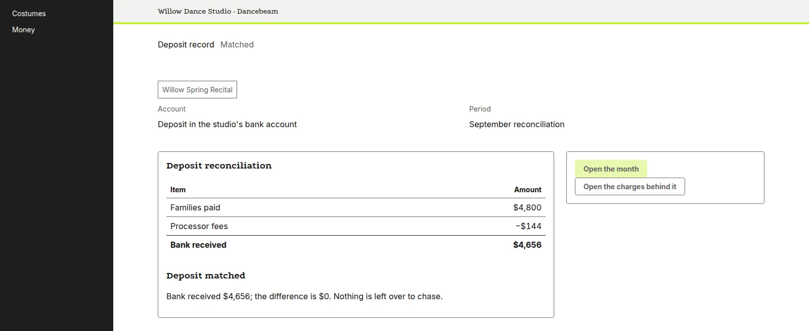 A recital deposit matched to the bank