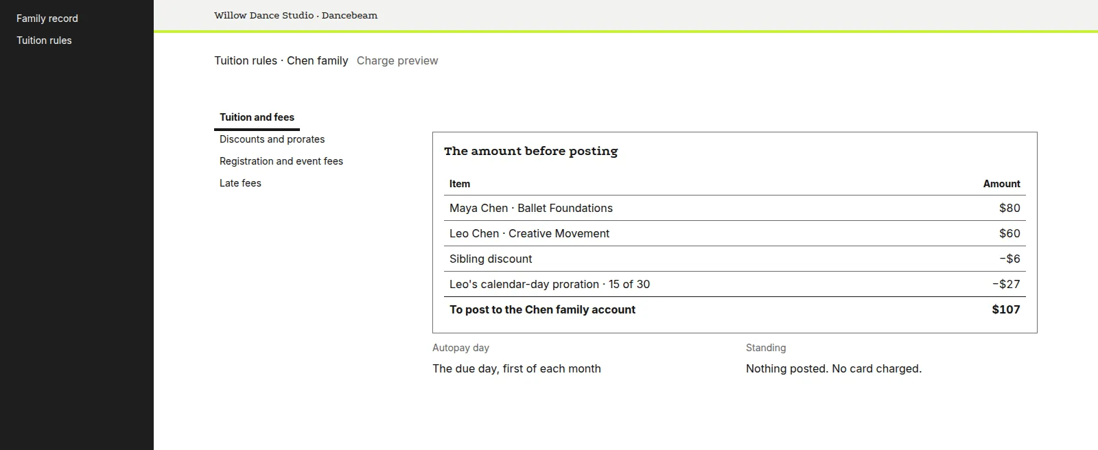 A family's first-month charge, itemised before it posts
